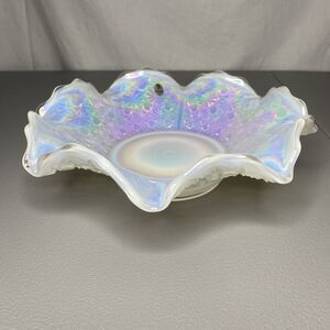 Fenton White Opalescent 10" Daisy & Button French Crimped Scalloped Glass Bowl